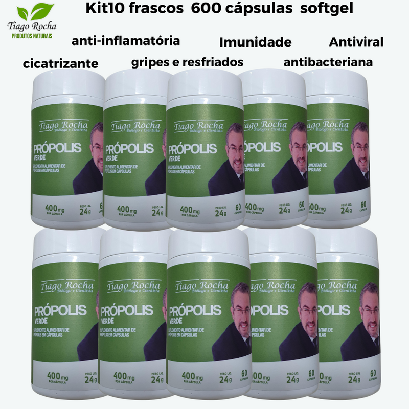 Kit10 potes Própolis Verde 600 Cápsulas Softgel Tiago Rocha